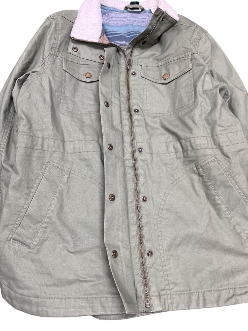 LL Bean wms olive green sherpa collar plaid lined field jacket sz M SKU 10-782